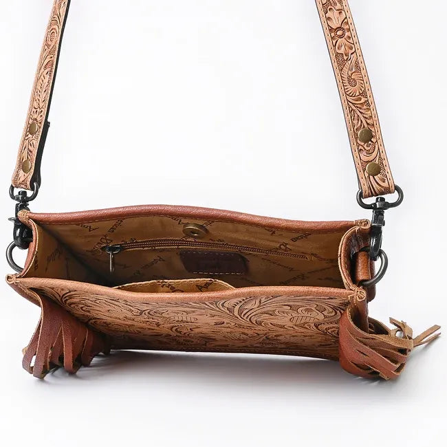 American Darling Hand Tooled Fringed  Messenger Bag- Brown