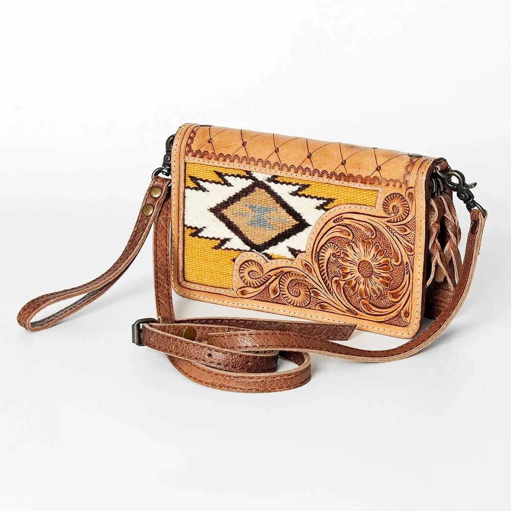 American Darling Hand Tooled Floral & Hand Woven Saddle Blanket Small  Crossbody Bag-Tan