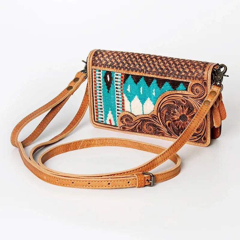 American Darling Hand Tooled Floral and Hand Woven Small  Saddle Blanket Cross Body Bag-Teal