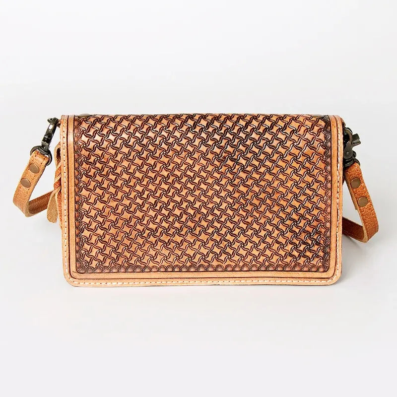 American Darling Hand Tooled Floral and Hand Woven Small  Saddle Blanket Cross Body Bag-Teal