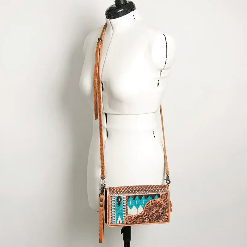 American Darling Hand Tooled Floral and Hand Woven Small  Saddle Blanket Cross Body Bag-Teal