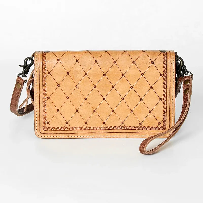 American Darling Hand Tooled Floral & Hand Woven Saddle Blanket Small  Crossbody Bag-Tan