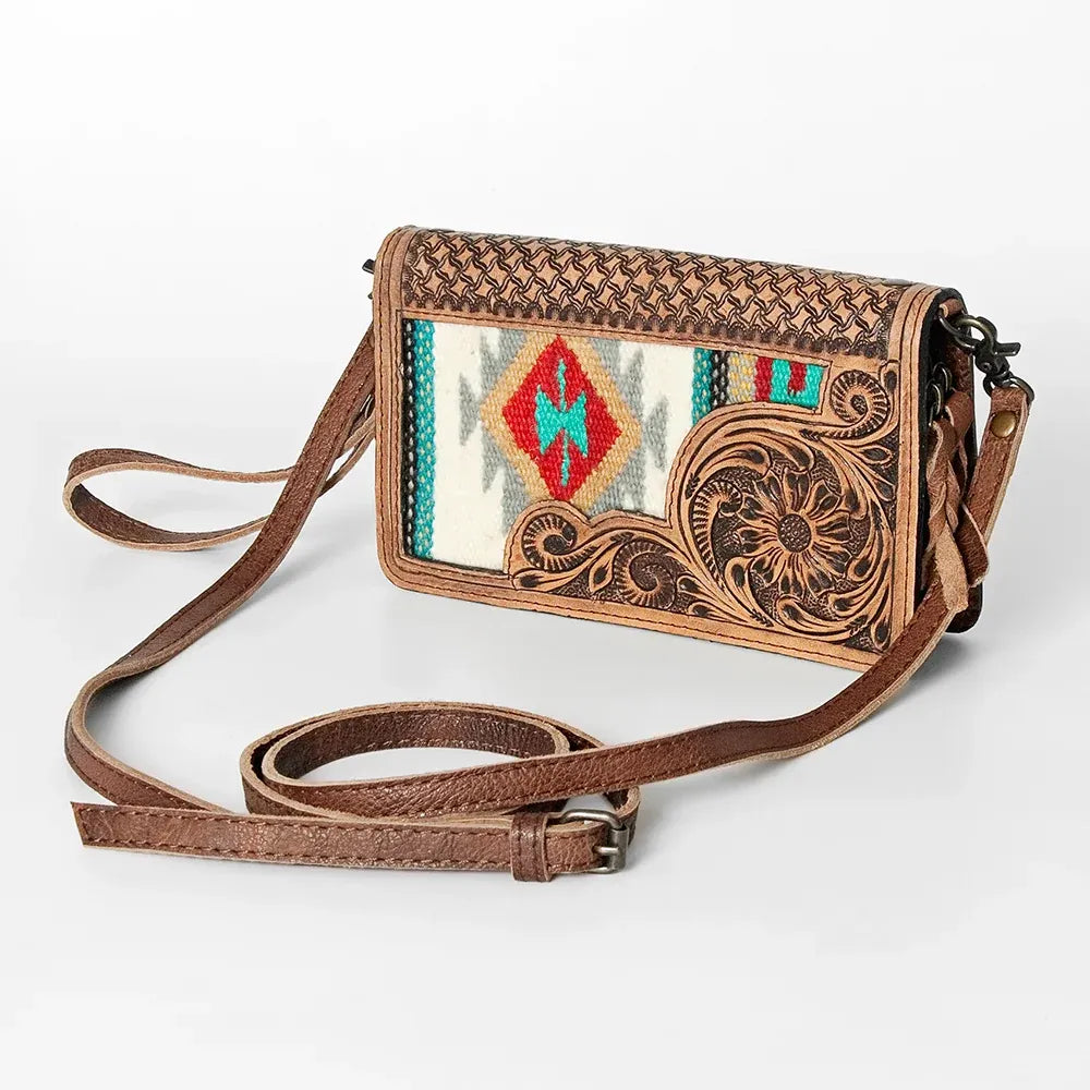 American Darling Hand Tooled Floral & Hand Woven Small  Saddle Blanket Crossbody- Red