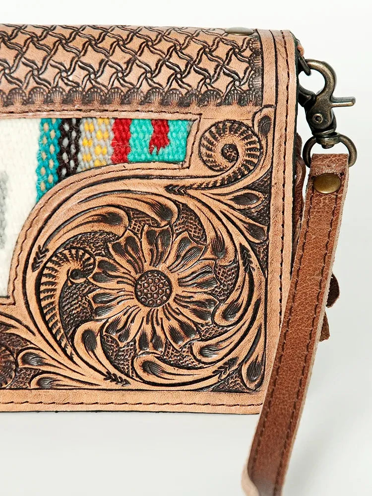 American Darling Hand Tooled Floral & Hand Woven Small  Saddle Blanket Crossbody- Red