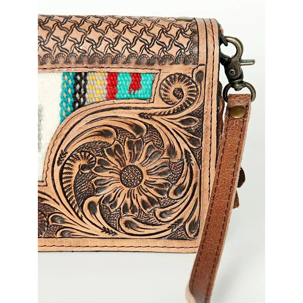 American Darling Hand Tooled Floral & Hand Woven Small  Saddle Blanket Crossbody- Red