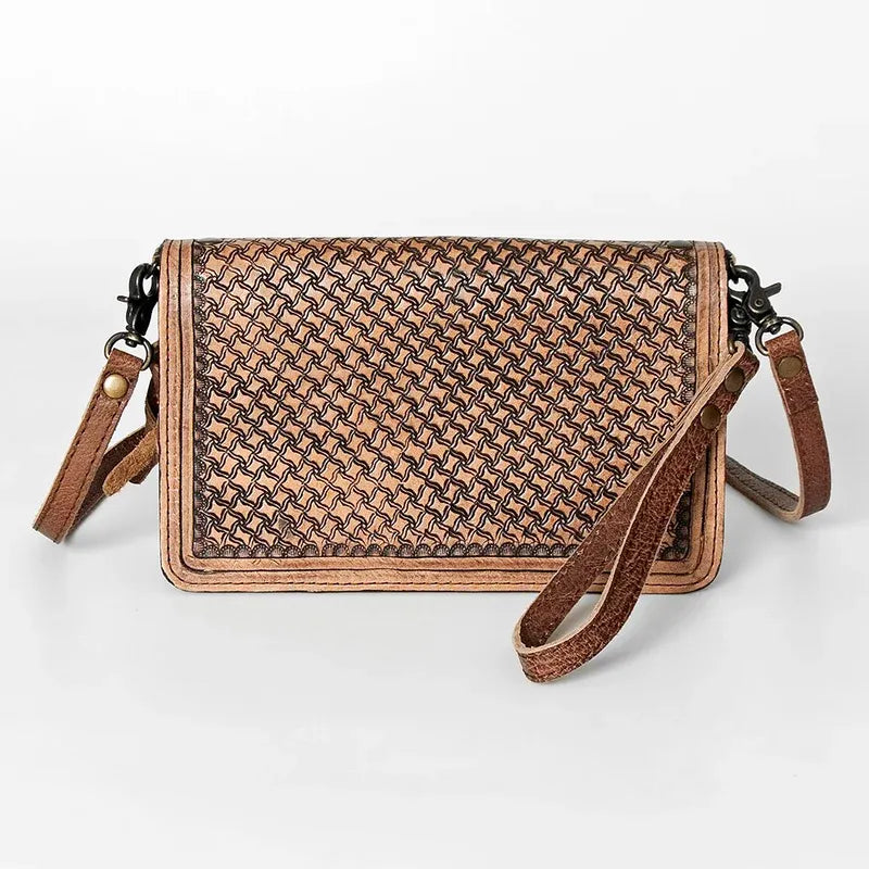 American Darling Hand Tooled Floral & Hand Woven Small  Saddle Blanket Crossbody- Red