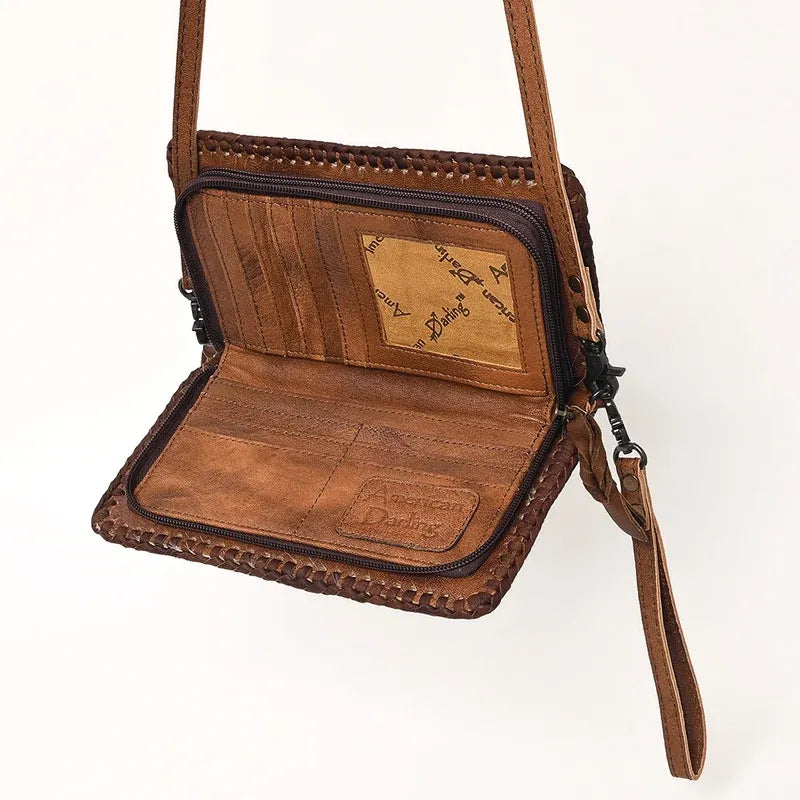 American Darling Braided Cowhide Leather Organizer Bag- Brown
