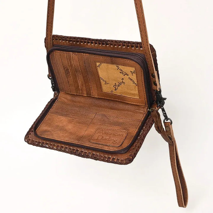 American Darling Braided Cowhide Leather Organizer Bag- Brown