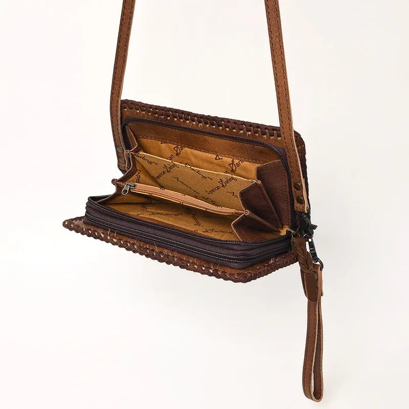 American Darling Braided Cowhide Leather Organizer Bag- Brown