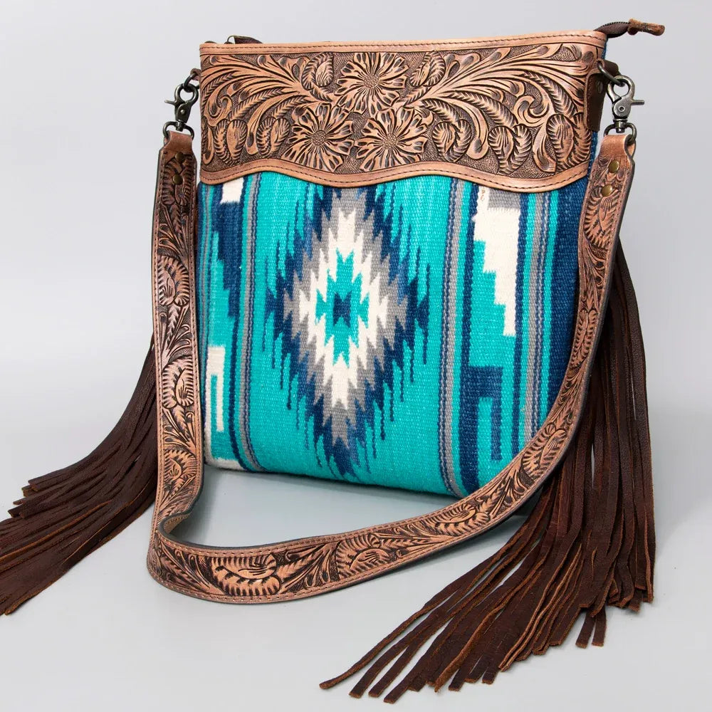 American Darling Hand Tooled Floral Woven Saddle Blanket Large Crossbody-Teal