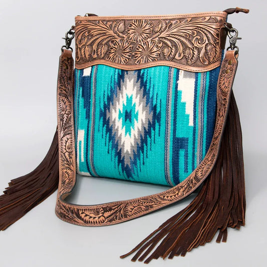American Darling Hand Tooled Floral Woven Saddle Blanket Large Crossbody-Teal