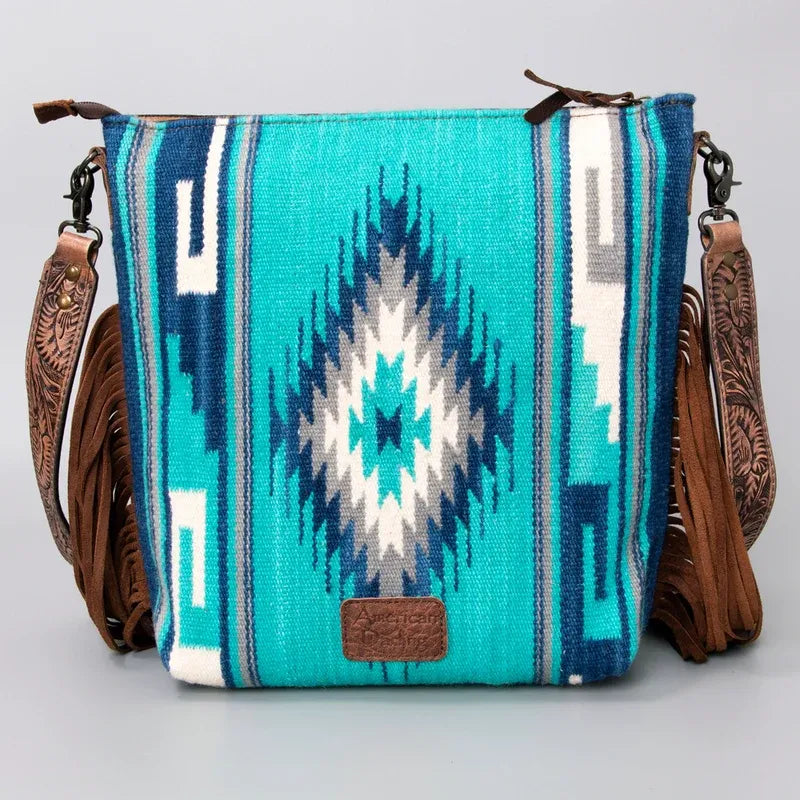 American Darling Hand Tooled Floral Woven Saddle Blanket Large Crossbody-Teal