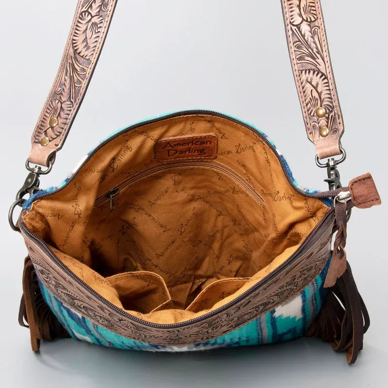 American Darling Hand Tooled Floral Woven Saddle Blanket Large Crossbody-Teal