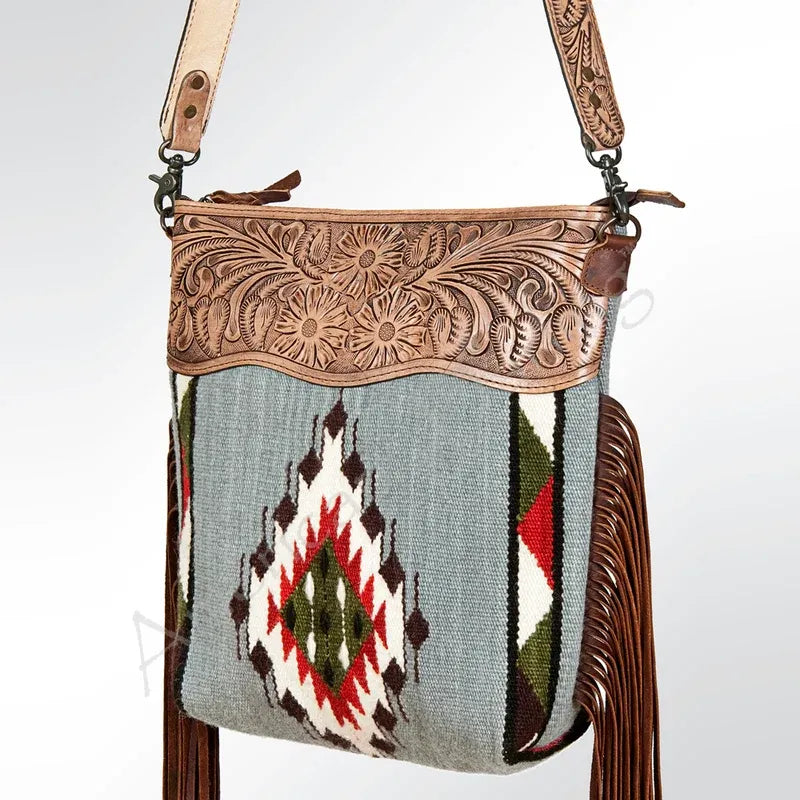 American Darling Hand Tooled Floral Large Saddle Blanket Crossbody- Grey