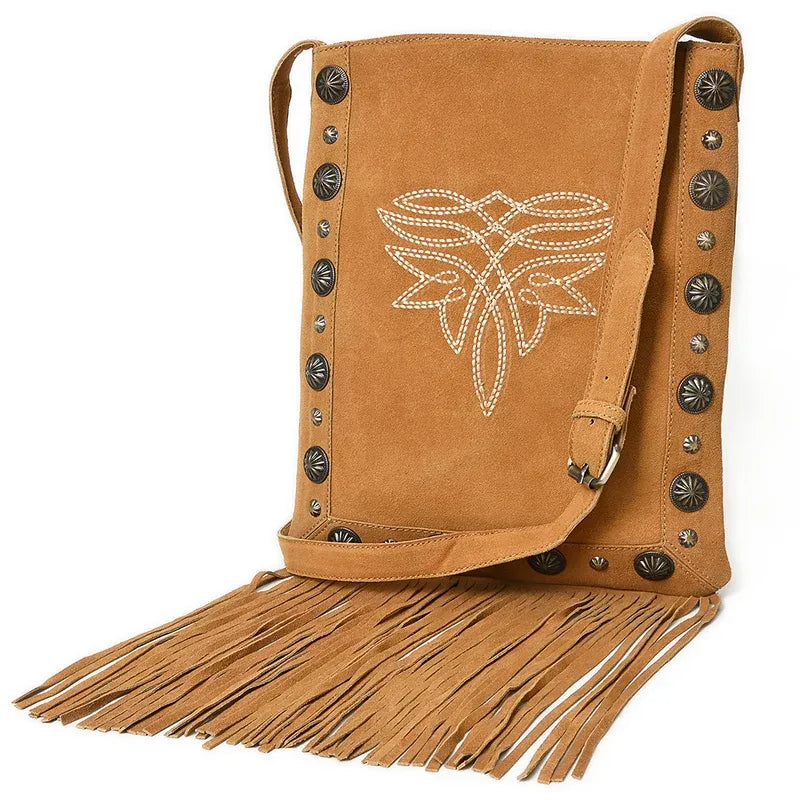 American Darling Tooled Suede Chaps Bag with Fringe