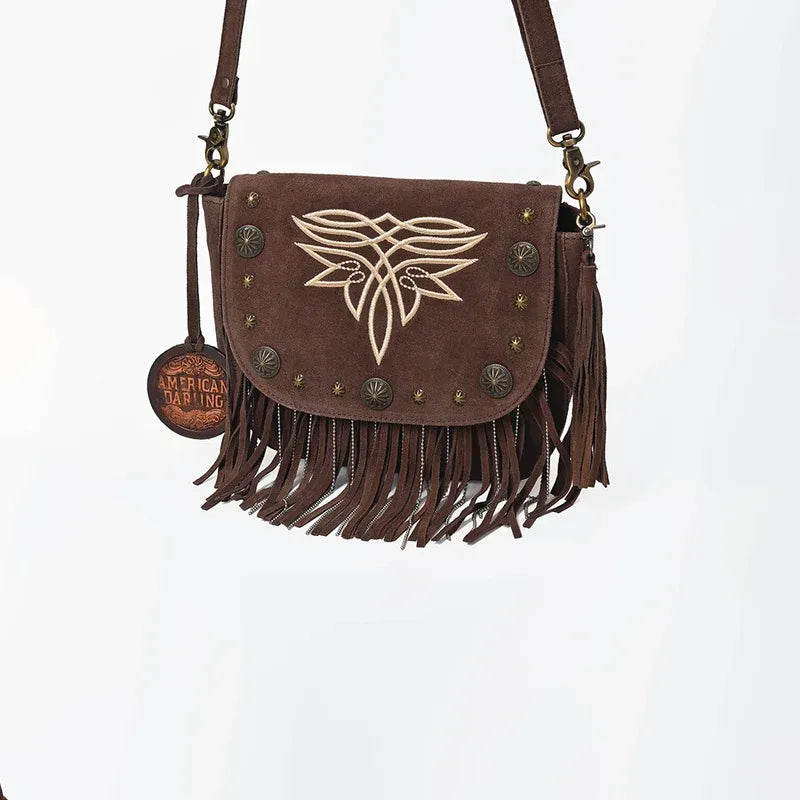 American Darling Suede Leather Fringe Crossbody Embroidered Bag- Brown