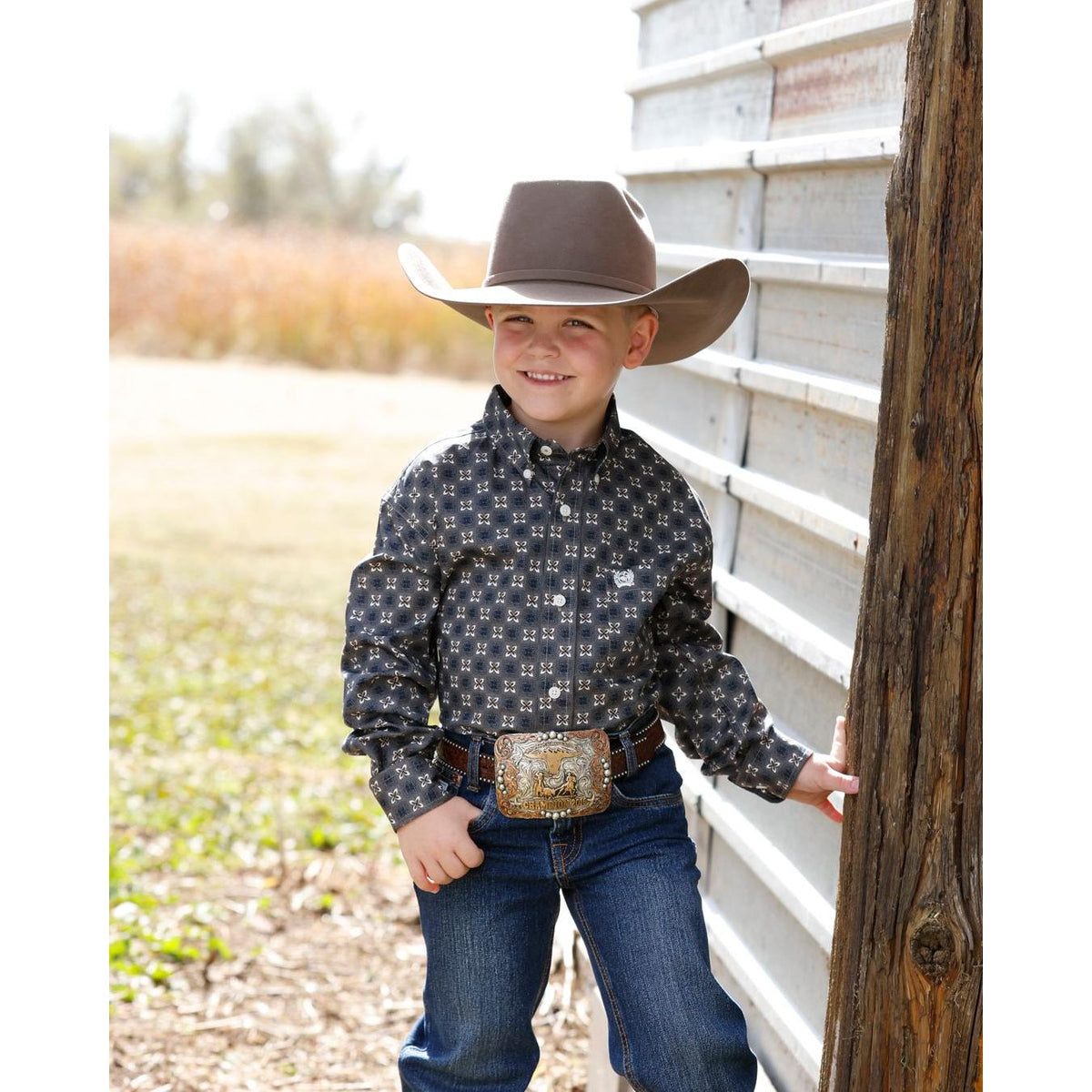 Cinch Boy's LS Print Shirt - Khaki