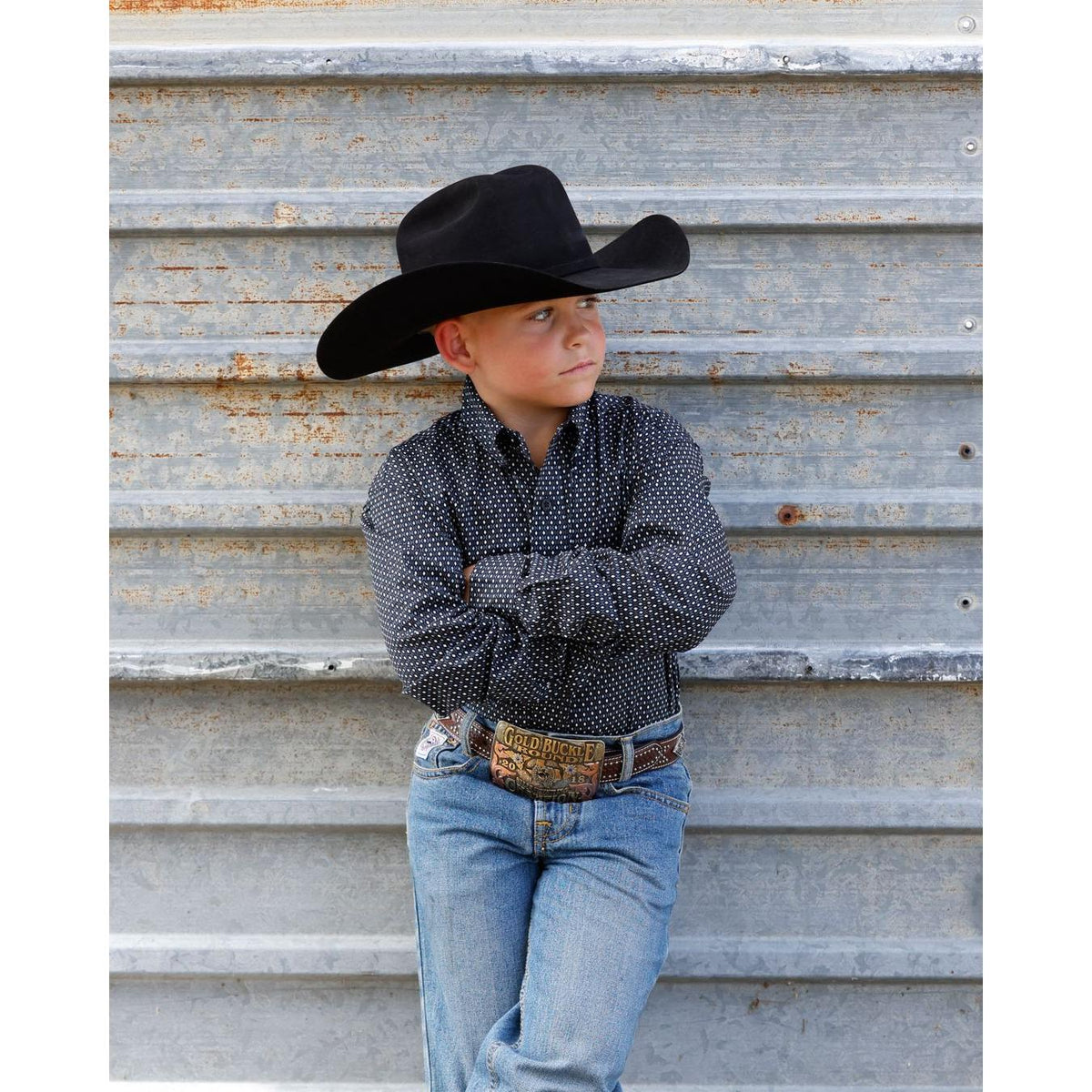 Cinch Boy's Navy Long Sleeve Print Shirt - Navy