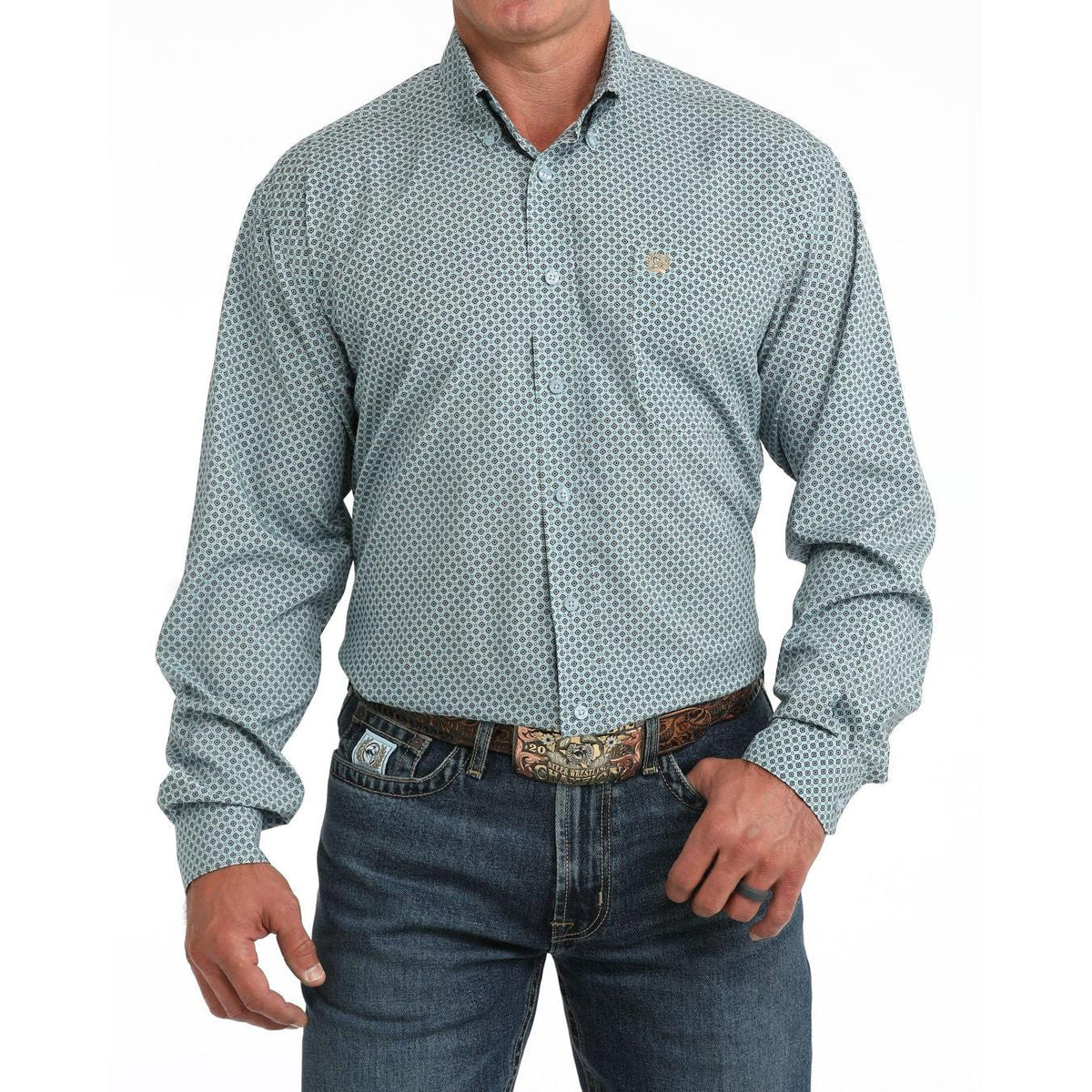 Cinch Mens Long Sleeve Print Arenaflex Shirt - Light Blue