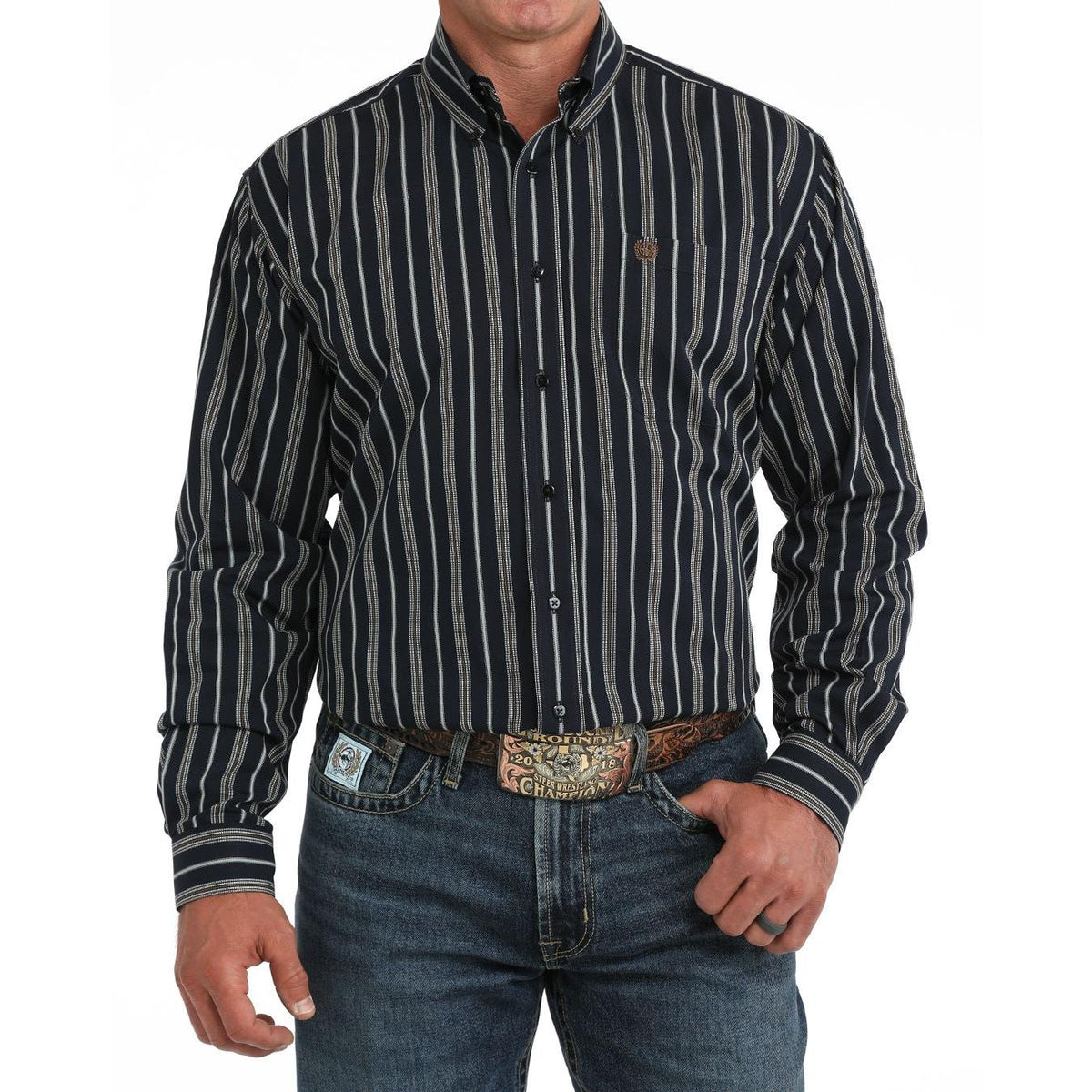 Cinch Mens LS Stripe Shirt - Navy