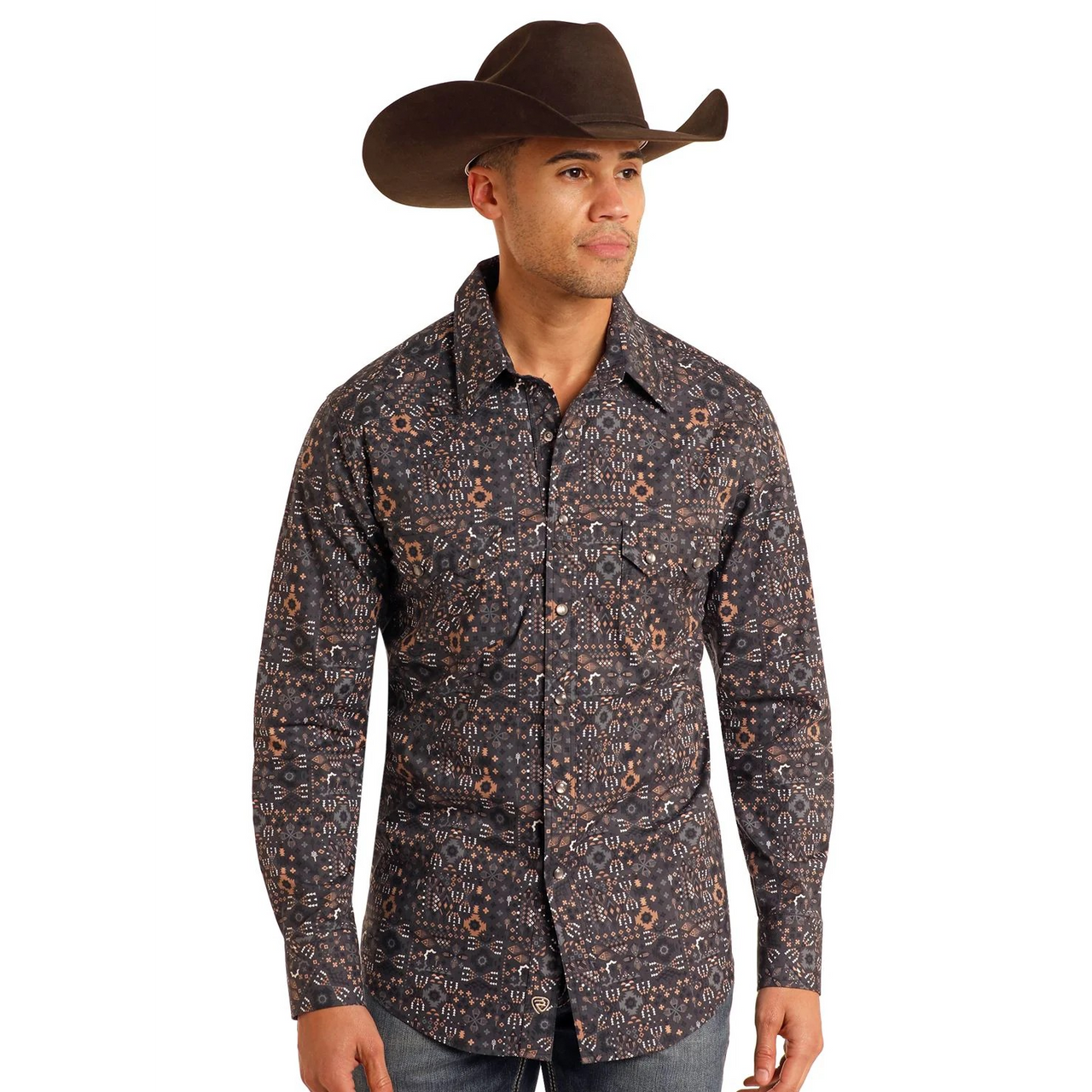 Rock & Roll Men's Geo Printed Long Sleeve Shirt- Brown