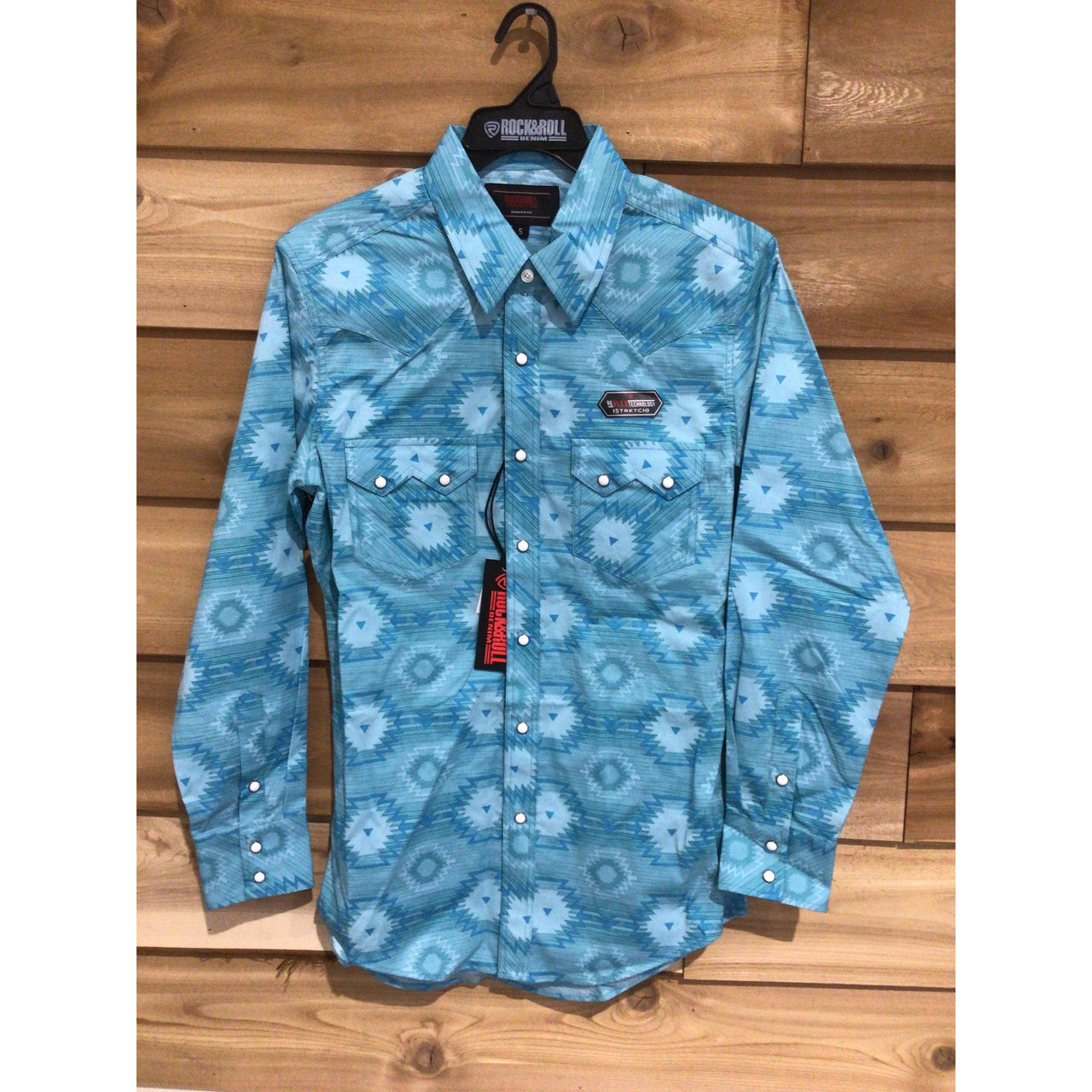 Rock & Roll  Men's Long Sleeve Aztec Print Snap Shirt- Turquoise