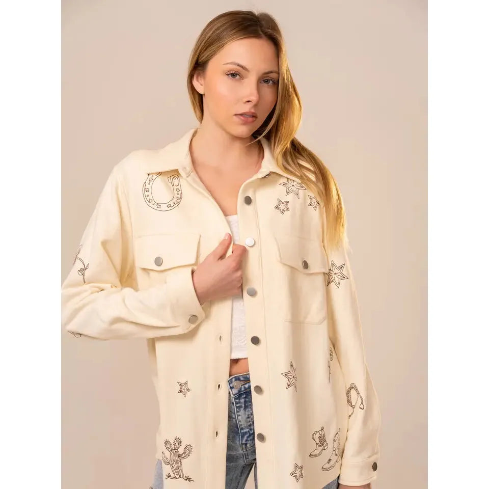 Blue B Women's Western Embroidery Terry Shirt Jacket- Off White