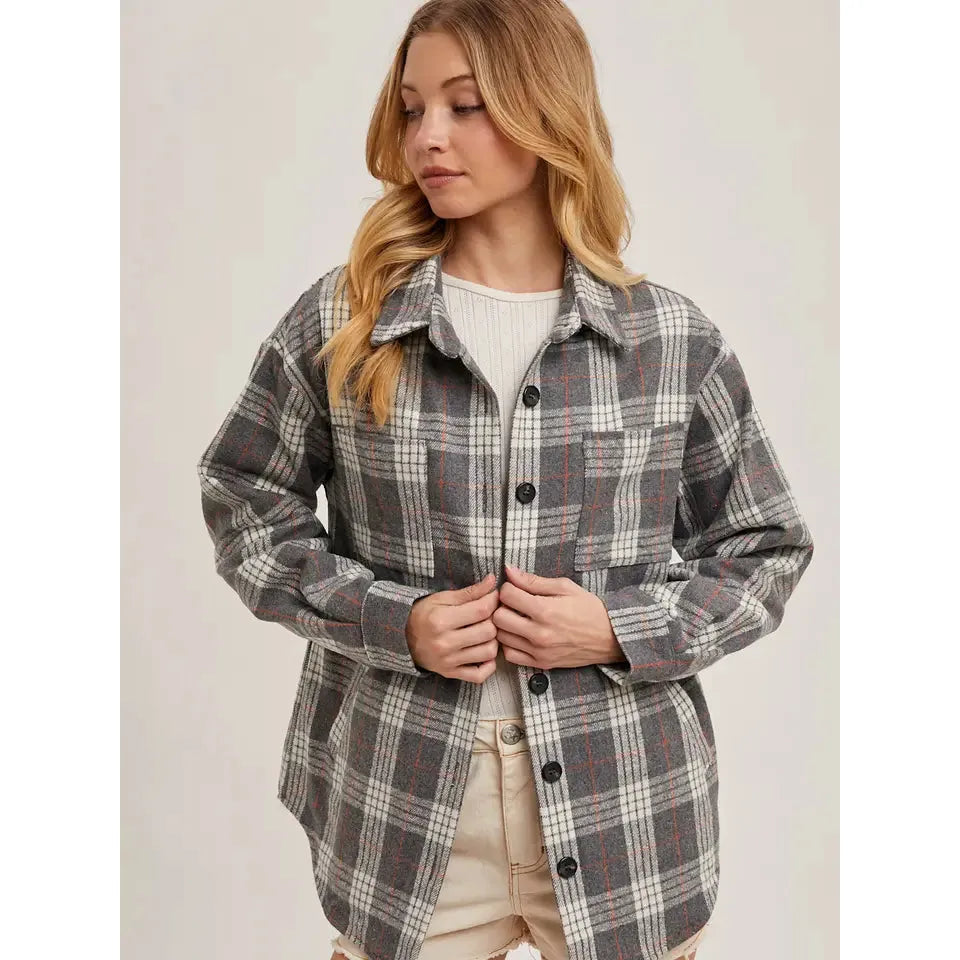 Bluivy Women's Long Sleeve Button Down Shirt with Inner Quilted Shacket- Grey