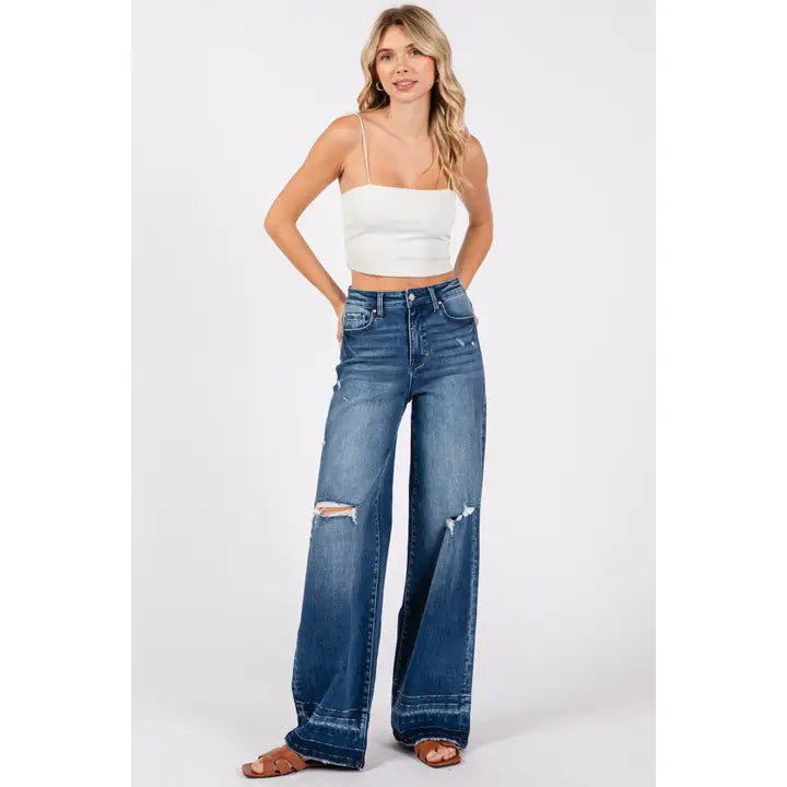 Petra153 Women's Destroyed High Rise Relaxed Wide Leg Jeans - Medium Wash