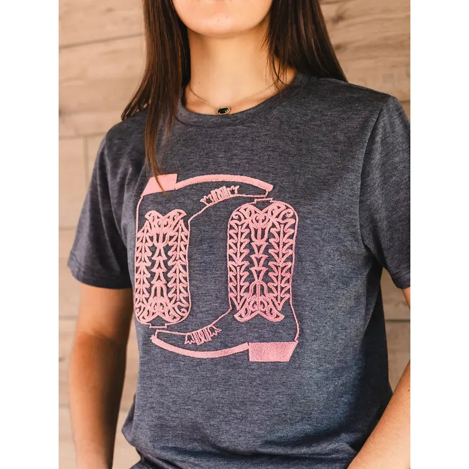 Rockin A Design Women's Short Sleeve Embroidered 3D Cowboy Boot Tee Shirt-Heather Charcoal