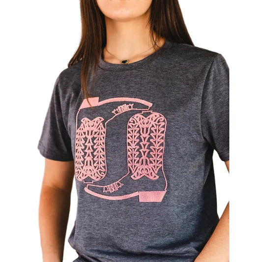 Rockin A Design Women's Short Sleeve Embroidered 3D Cowboy Boot Tee Shirt-Heather Charcoal