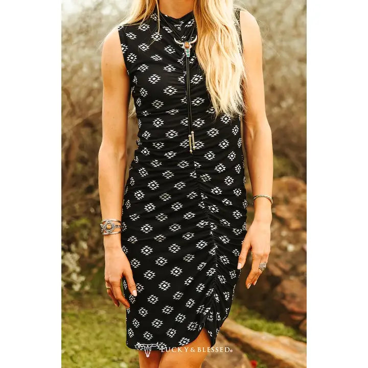 Lucky & Blessed Women's Aztec Printed Gathered Dress- Black