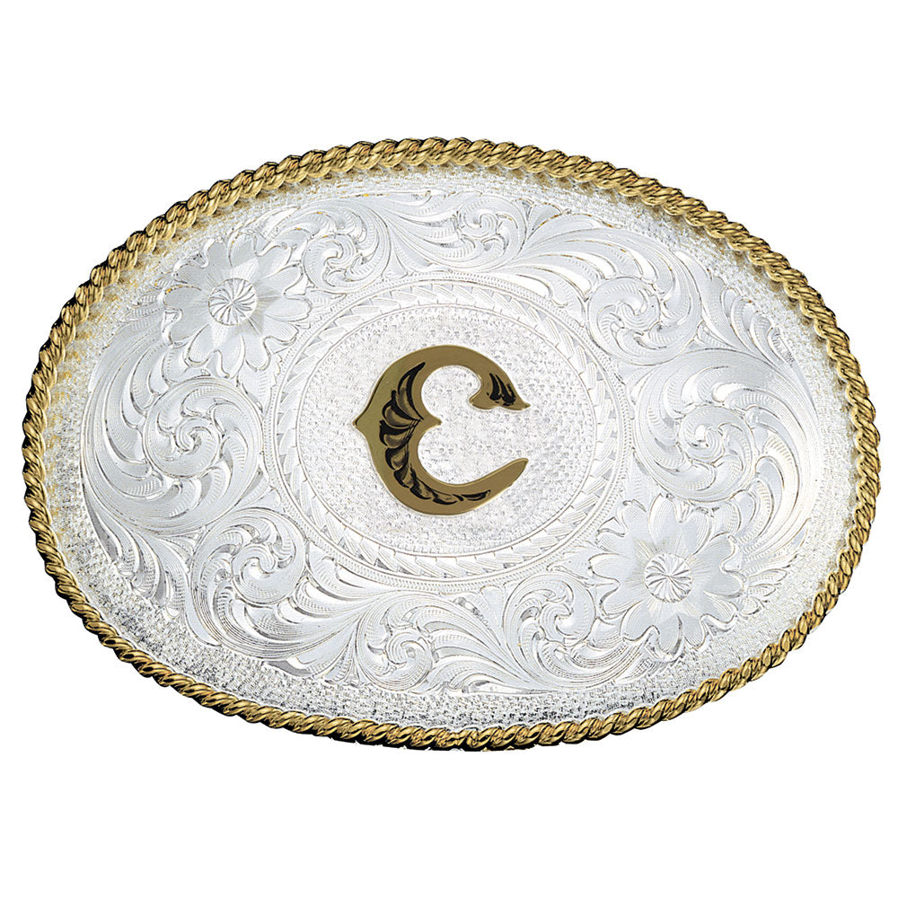 Montana Silversmiths Initial C Silver Engraved Gold Trim Western Belt Buckle