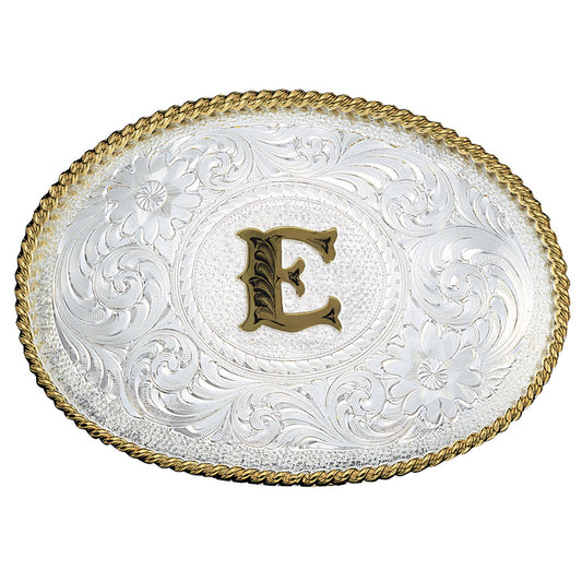 Montana Silversmiths Initial E Silver Engraved Gold Trim Western Belt Buckle