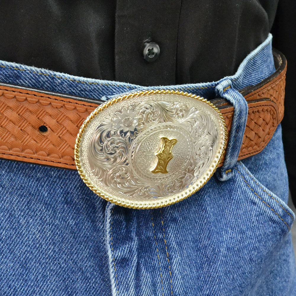 Montana Silversmiths Initial R Silver Engraved Gold Trim Western Belt ...