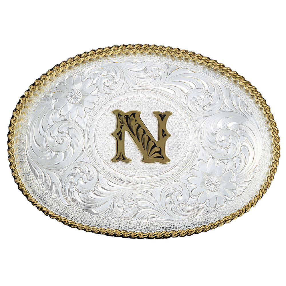 Montana Silversmiths Initial N Silver Engraved Gold Trim Western Belt Buckle