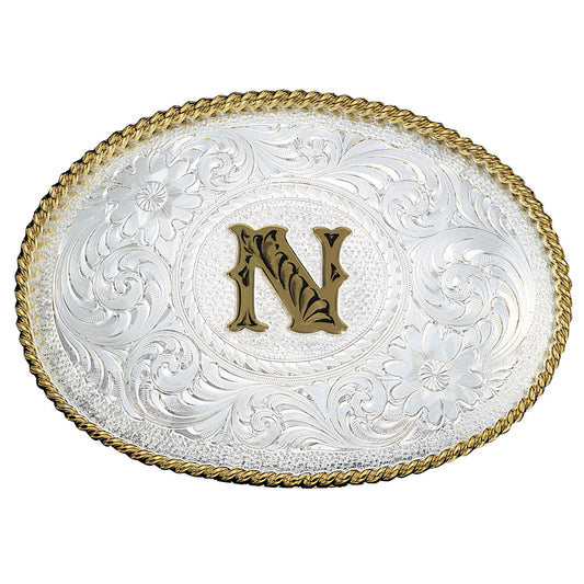 Montana Silversmiths Initial N Silver Engraved Gold Trim Western Belt Buckle