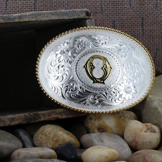 Montana Silversmiths Initial Q Silver Engraved Gold Trim Western Belt Buckle