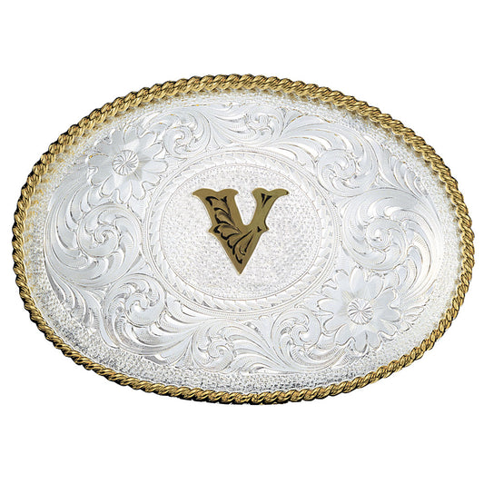 Montana Silversmiths Initial V Silver Engraved Gold Trim Western Belt Buckle