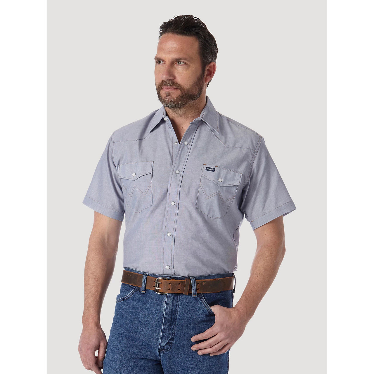 Wrangler Men's Cowboy Cut Work Short Sleeve Western Snap Solid Shirt - Chambray