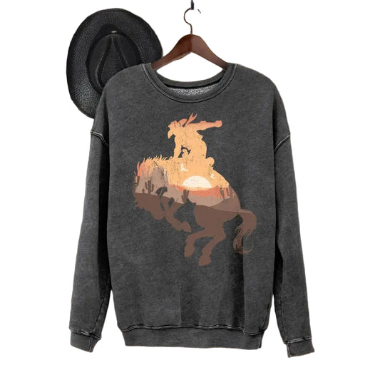 Women's Long Sleeve Cowboy Rodeo Graphic Mineral Sweatshirt - Mineral Black