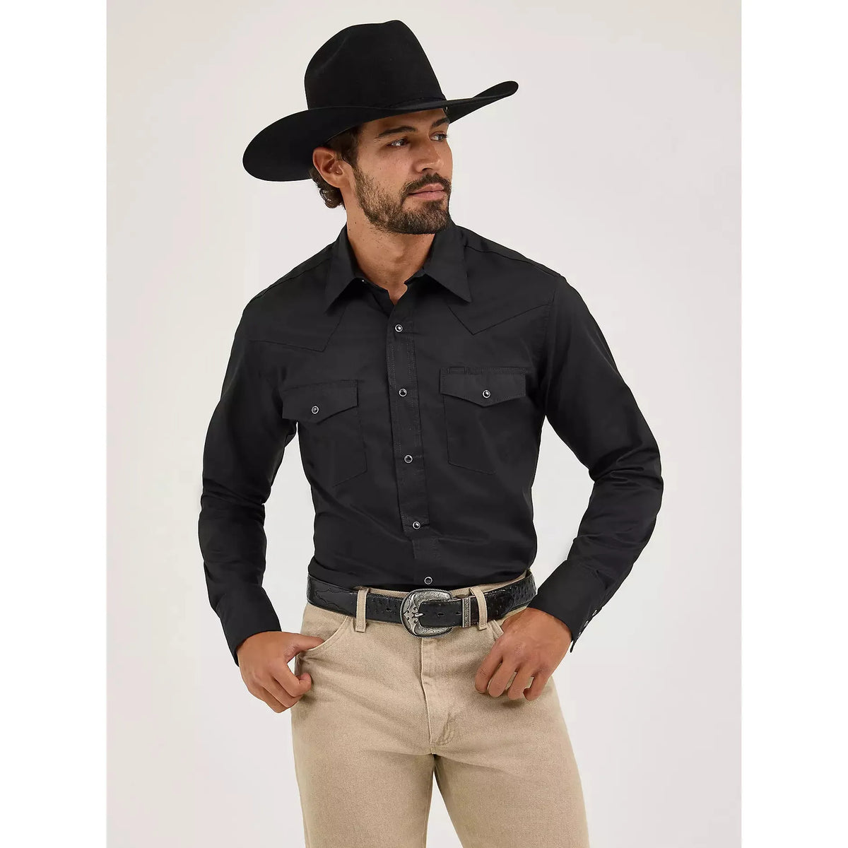 Wrangler Men's LS Solid Broadcloth Western Snap Shirt - Black