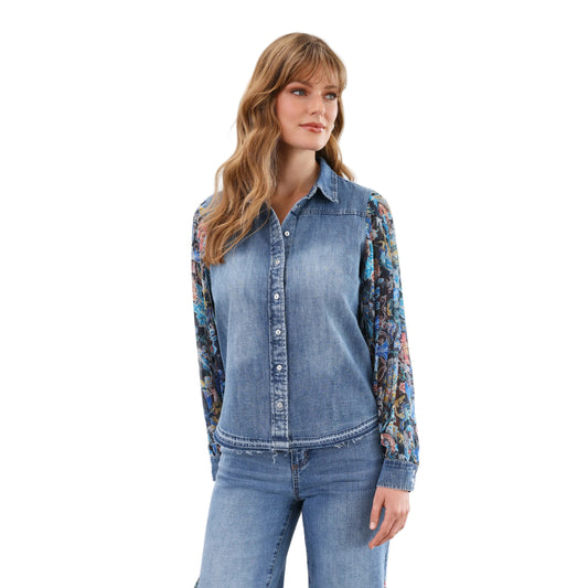 FDJ Women's Long Pleated Long Sleeve Chambray Shirt- Watercolor Damask