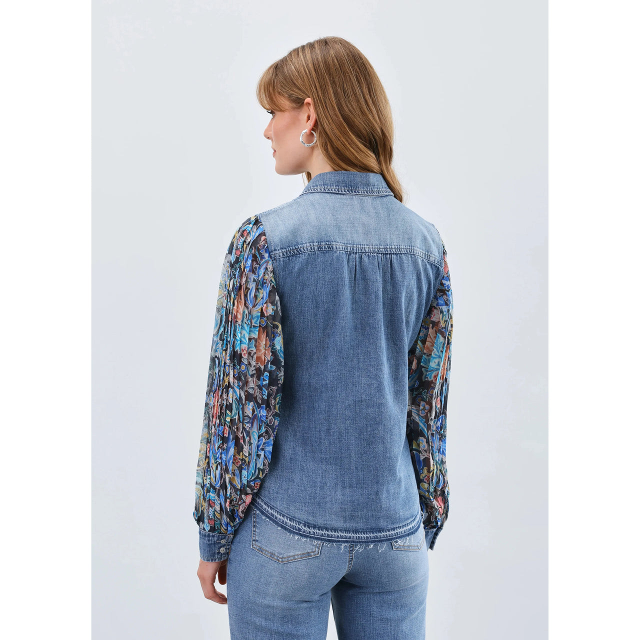FDJ Women's Long Pleated Long Sleeve Chambray Shirt- Watercolor Damask