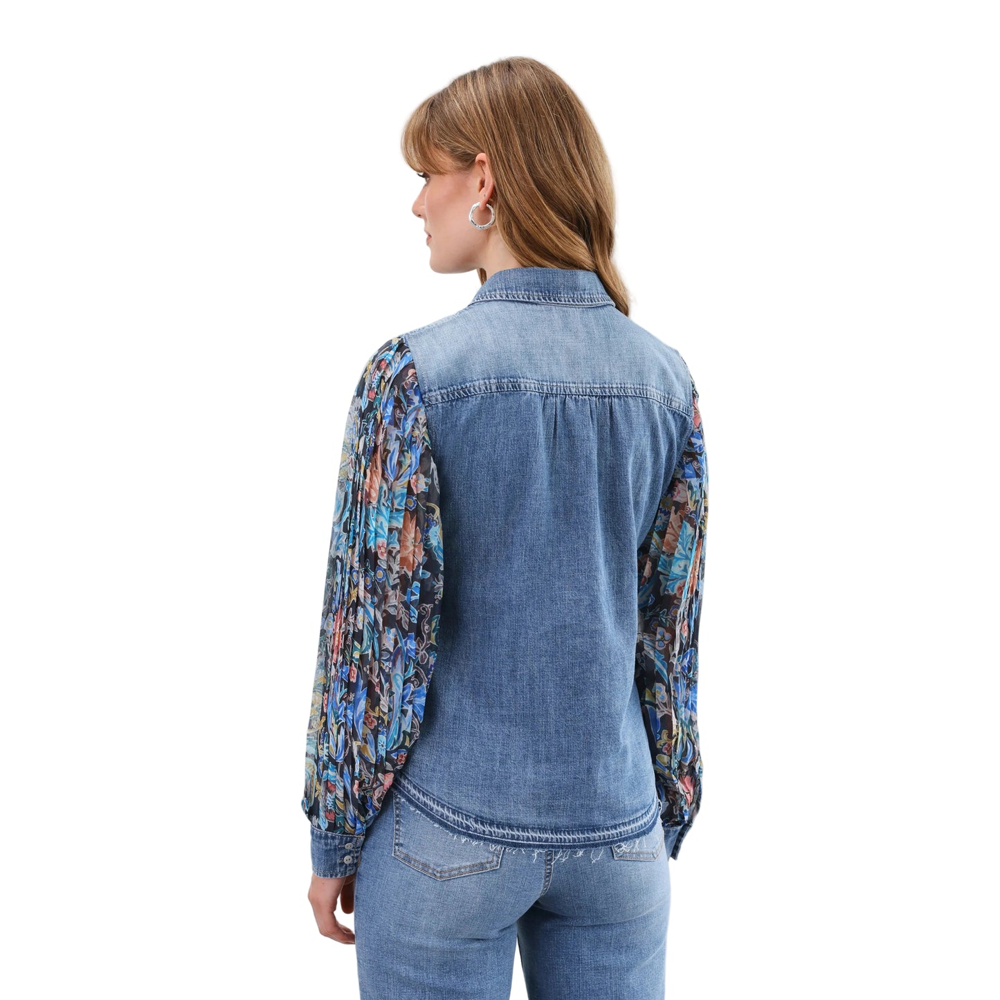 FDJ Women's Long Pleated Long Sleeve Chambray Shirt- Watercolor Damask