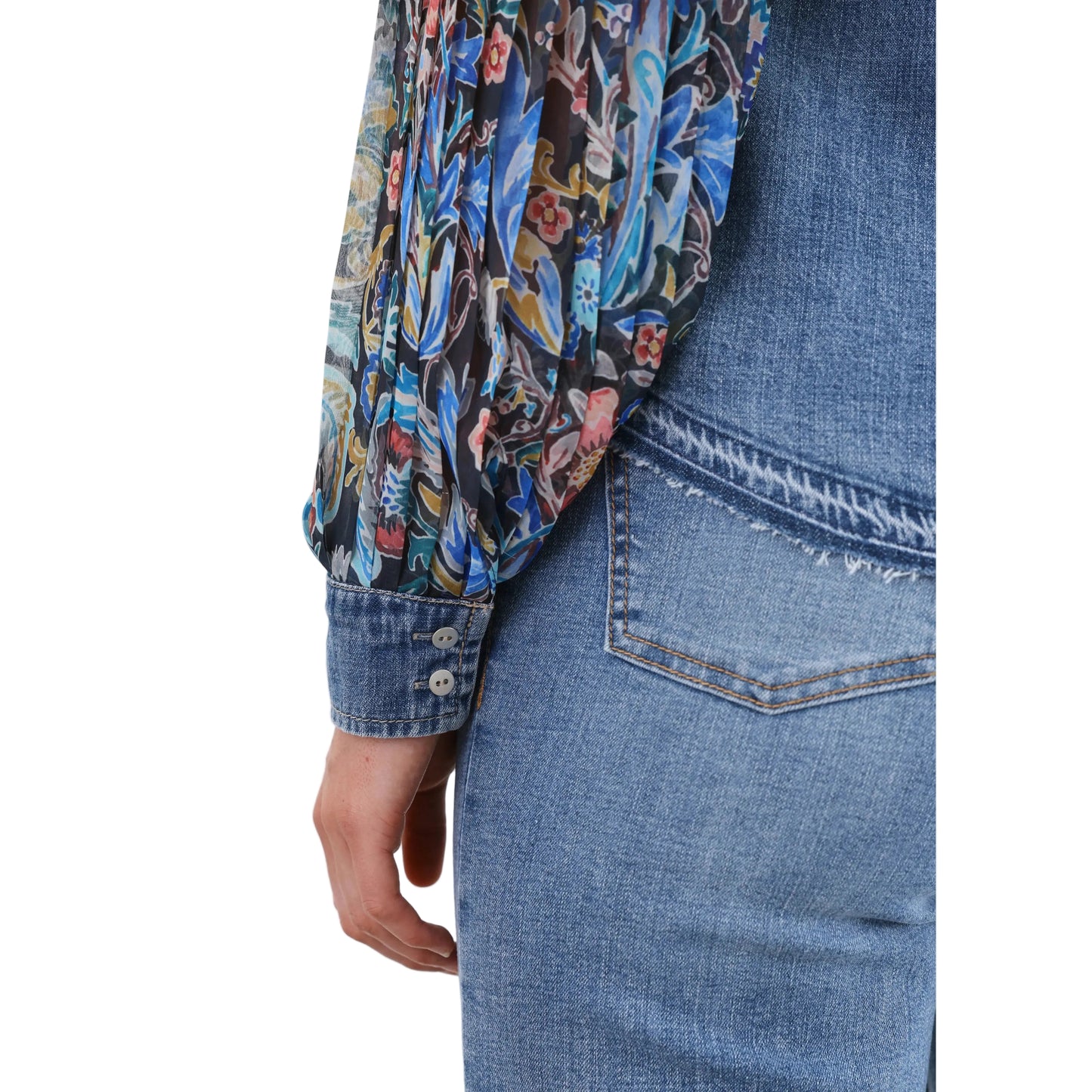 FDJ Women's Long Pleated Long Sleeve Chambray Shirt- Watercolor Damask