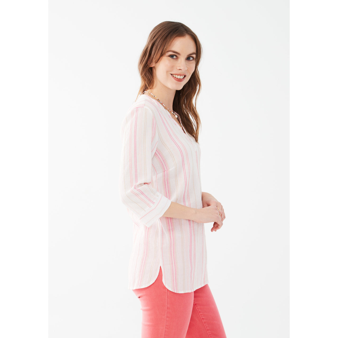 FDJ Women's Striped Popover Tunic - Pink Stripe