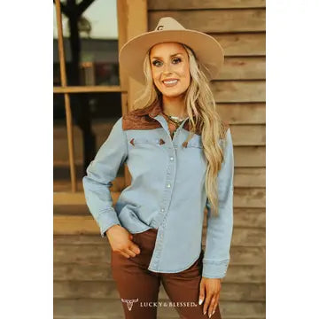 Lucky & Blessed Women's Button Down Suede Embroidered Western Yoke Long Sleeve Shirt - Light Denim