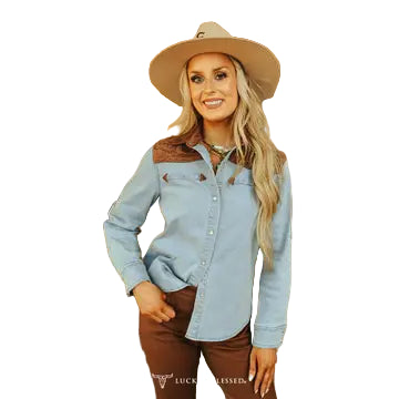 Lucky & Blessed Women's Button Down Suede Embroidered Western Yoke Long Sleeve Shirt - Light Denim