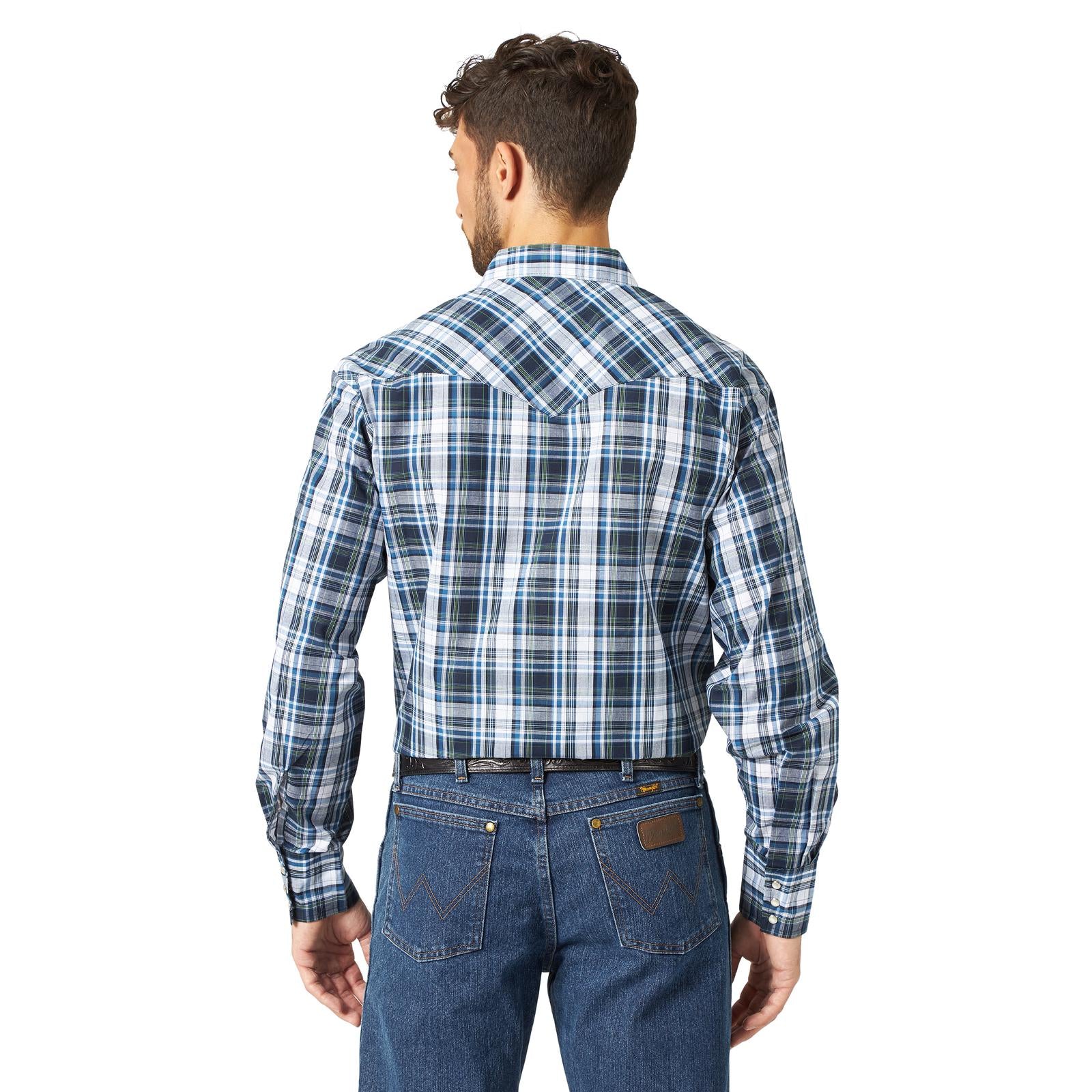 Wrangler Men's Long Sleeve Plaid Snap Shirt - Blue Plaid - Irvine Tack & Western Wear
